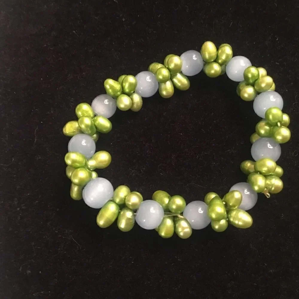 Blue Bead With Faux Pistachio Pearls Stretch Bracelet